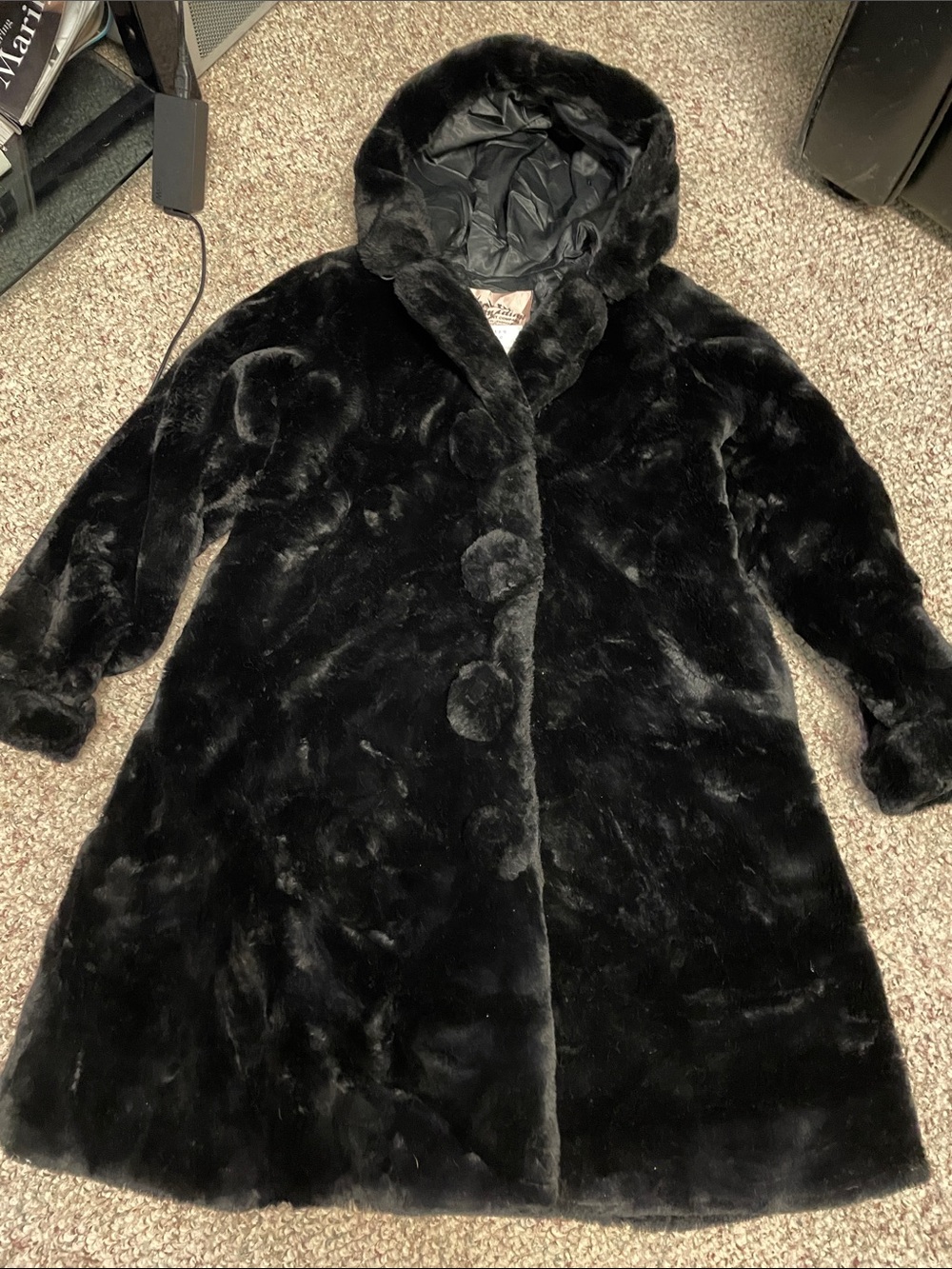 Vintage 70s faux fur cool pompom button hooded a line coat